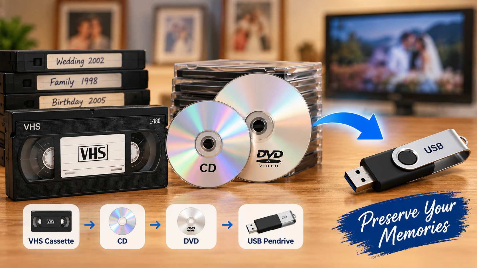 VHS cassette, CD and DVD conversion to digital video on a USB pendrive